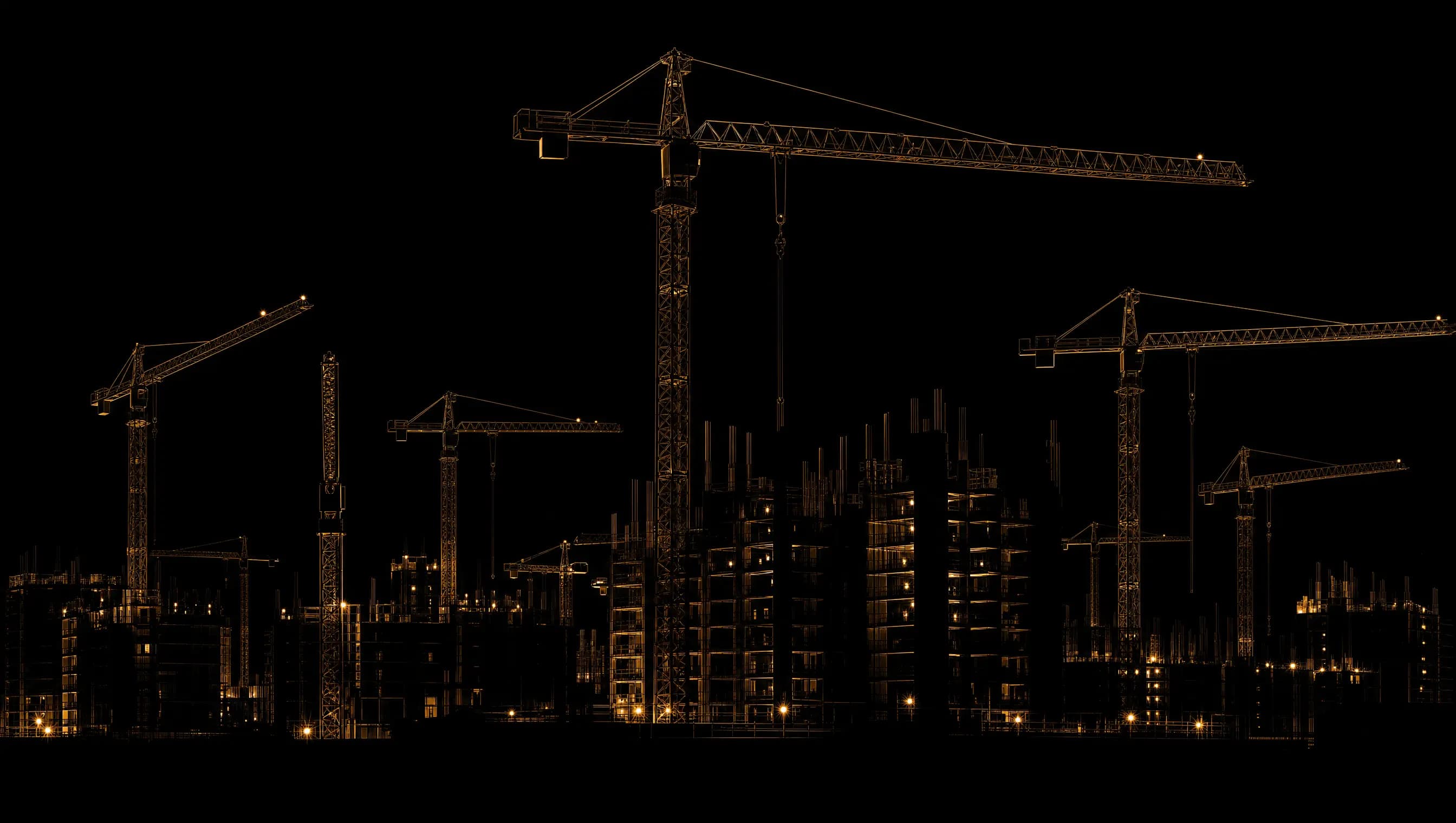 Construction site skyline at night with tower cranes